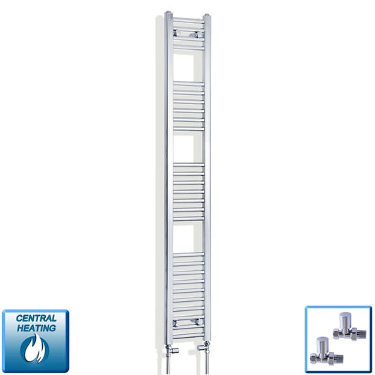With Straight Valve 250mm Wide 1600mm High Flat Chrome Heated Towel Radiator