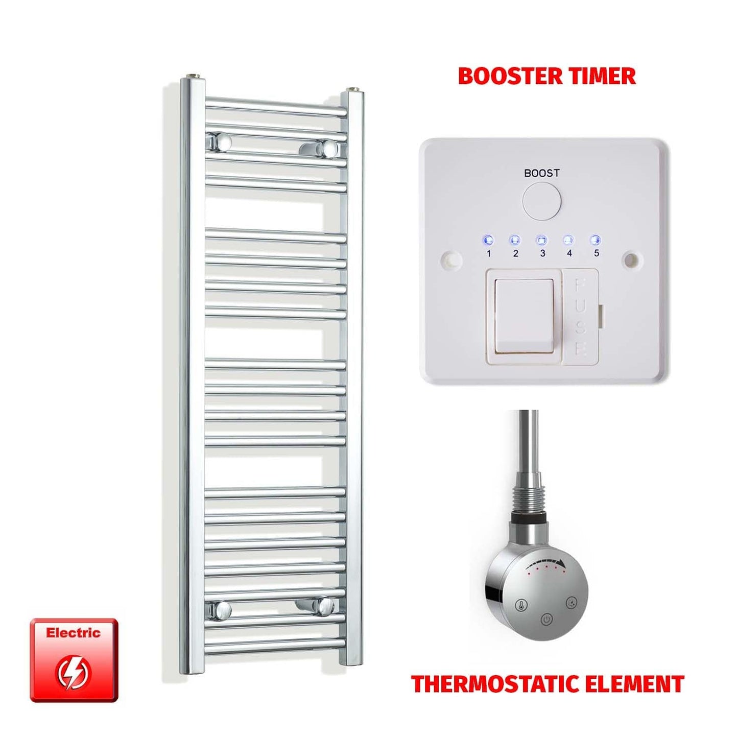 Thermostatic Element + Booster Timer 300 x 1000 Flat Chrome Pre-Filled Electric Towel Radiator