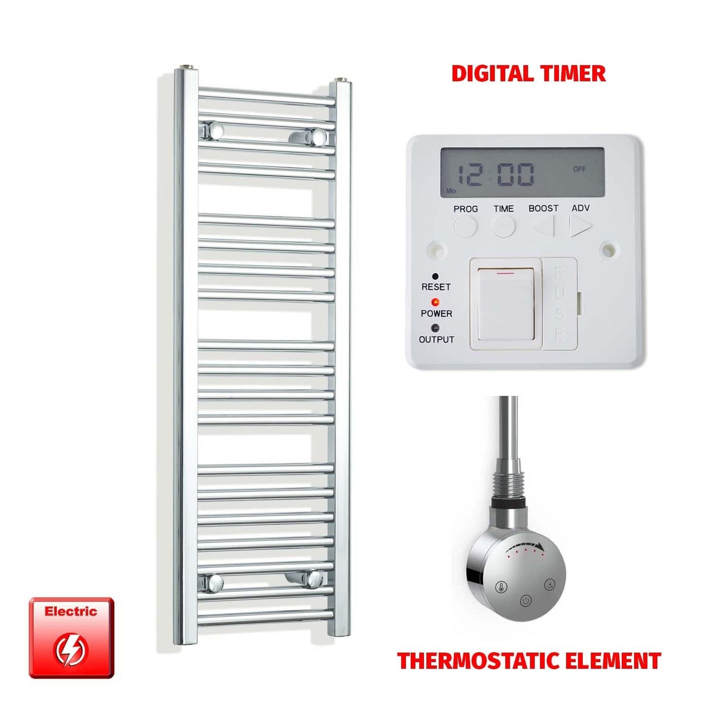 Thermostatic Element + Digital Timer 300 x 1000 Flat Chrome Pre-Filled Electric Towel Radiator