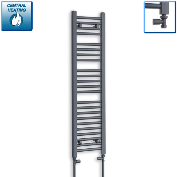 With Straight Valve 300 x 1200mm Flat Anthracite Sand Grey Heated Towel Radiator