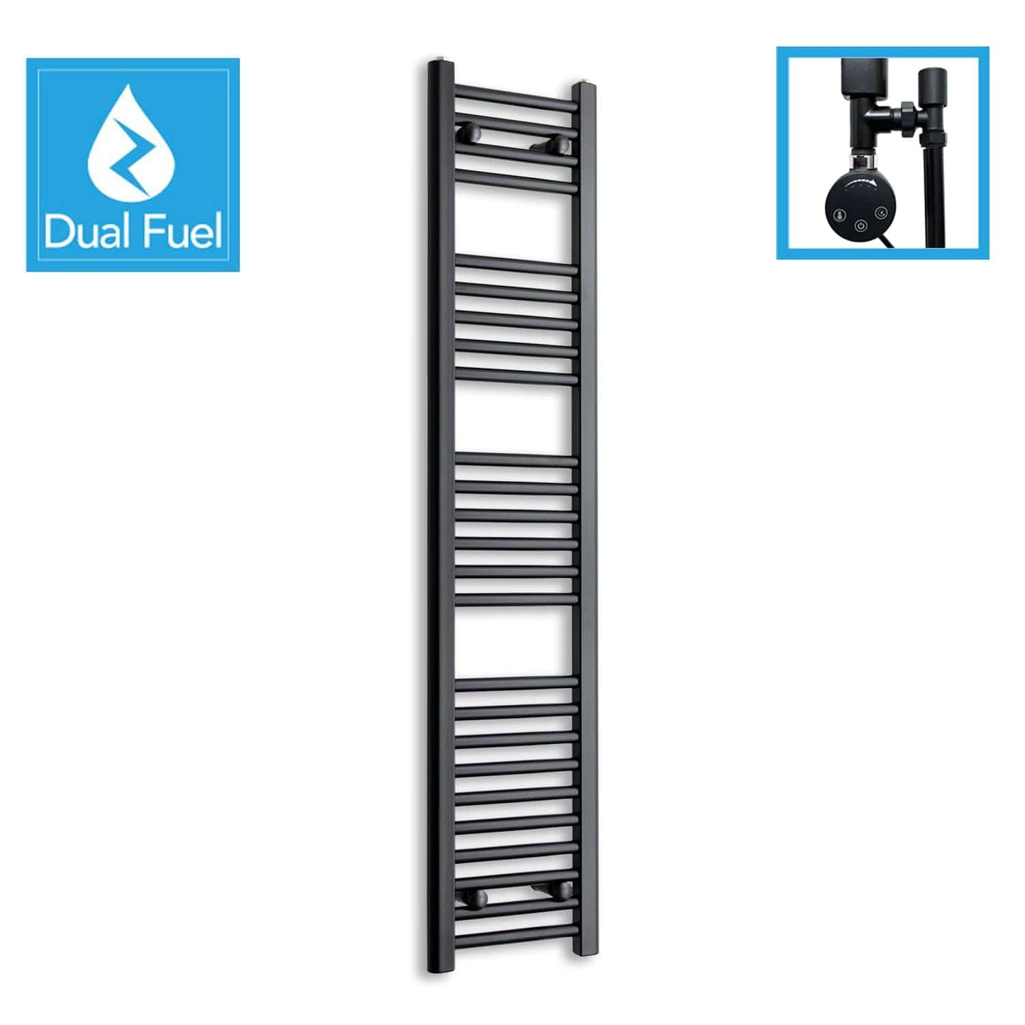 300 x 1400 Dual Fuel Flat Black Heated Towel Rail