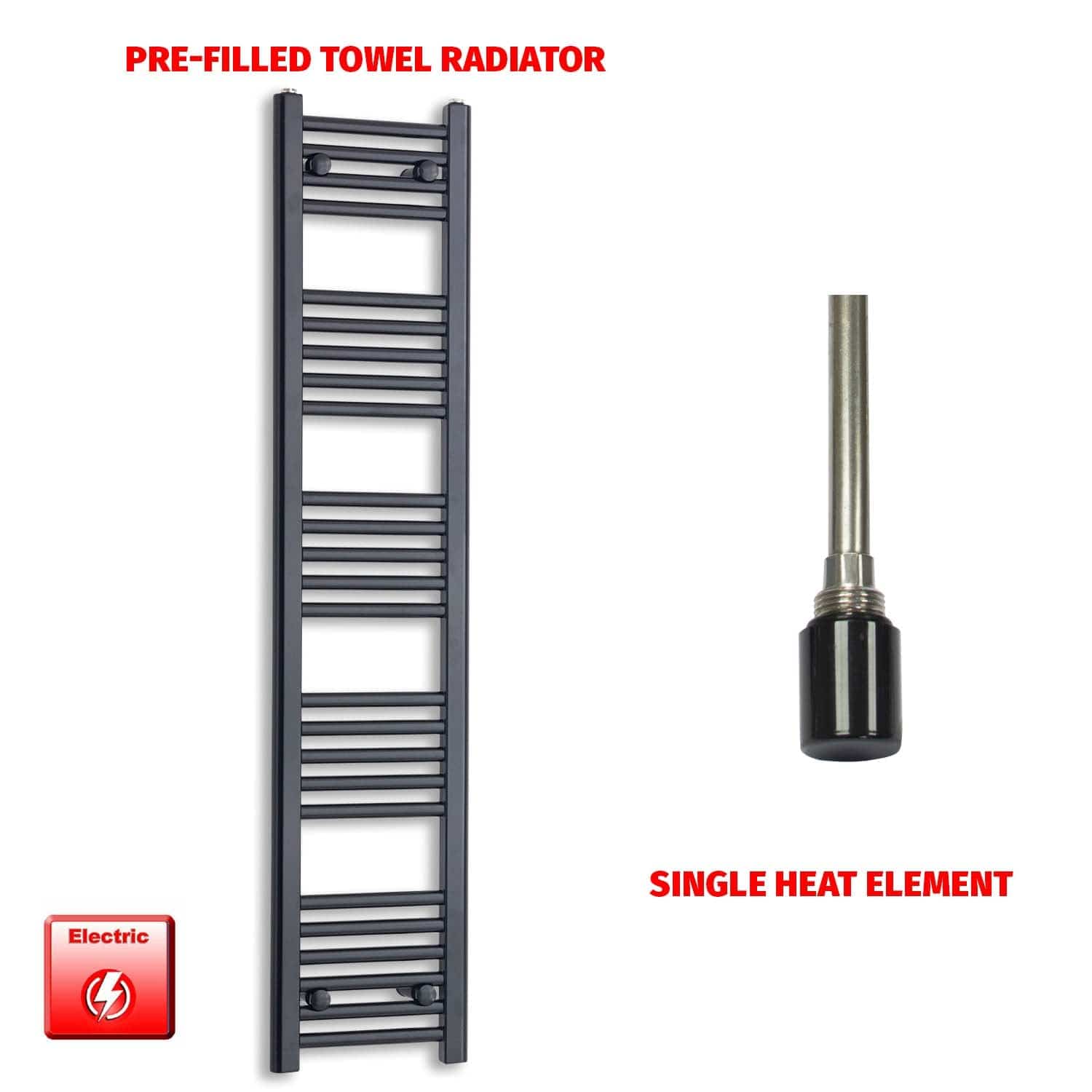Single Heat Element 300 x 1400 Flat Black Pre-Filled Electric Towel Radiator HTR