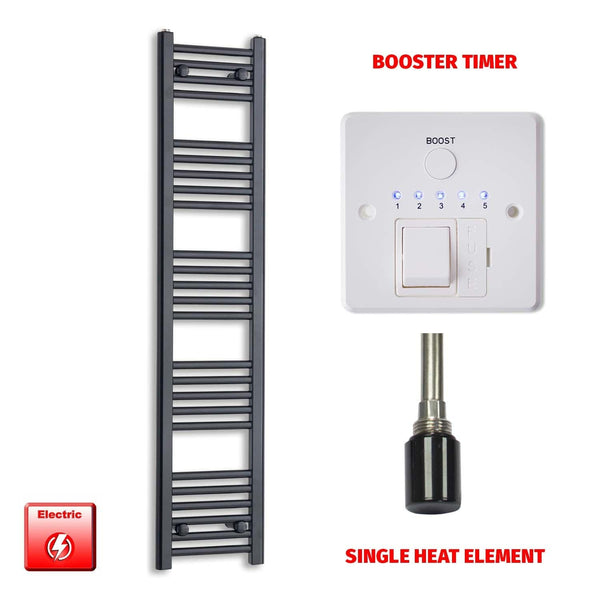 Single Heat Element + Booster Timer 300 x 1400 Flat Black Pre-Filled Electric Towel Radiator HTR