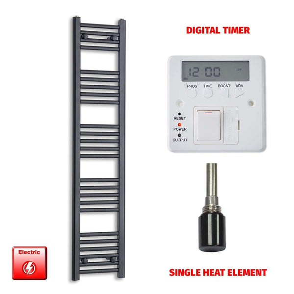 Single Heat Element + Digital Timer 300 x 1400 Flat Black Pre-Filled Electric Towel Radiator HTR