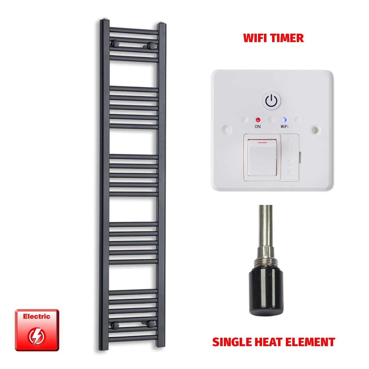 Single Heat Element + Wifi Timer 300 x 1400 Flat Black Pre-Filled Electric Towel Radiator HTR