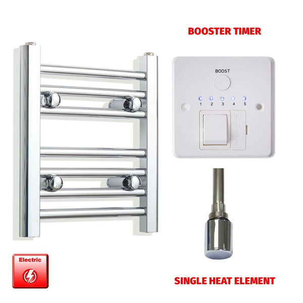 Single Heat Element + Booster Timer 300 x 400mm Flat Chrome Pre-Filled Electric Towel Radiator