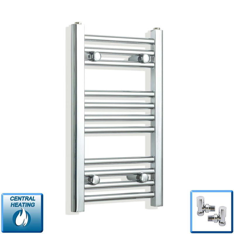 With Angled Valve 300 x 600mm High Flat Chrome Heated Towel Rail Radiator HTR