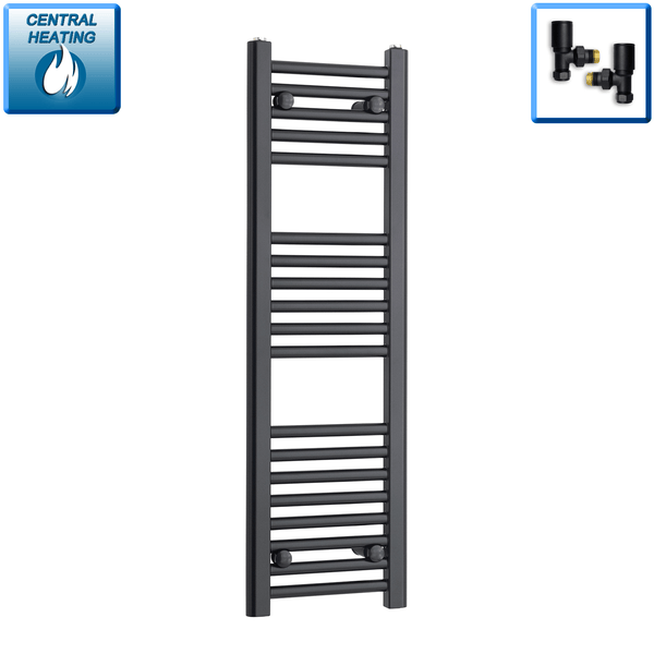With Angled Valve 300mm Wide 1200mm High Flat Black Heated Towel Rail Radiator