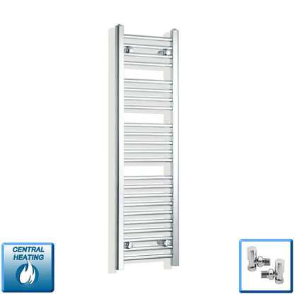 With Angled Valve 300mm Wide 1200mm High Flat Chrome Heated Towel Radiator