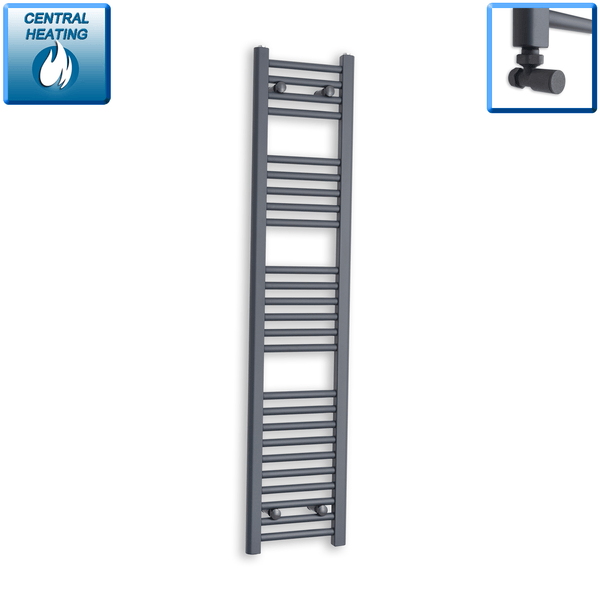 With Angled Valve 300mm Wide 1400mm High Flat Anthracite Heated Towel Rail