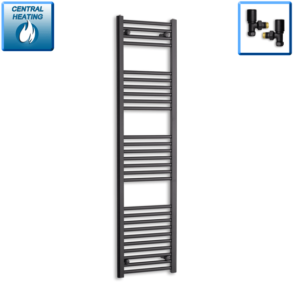 With Angled Valve 300mm Wide 1600mm High Flat Black Heated Towel Rail Radiator