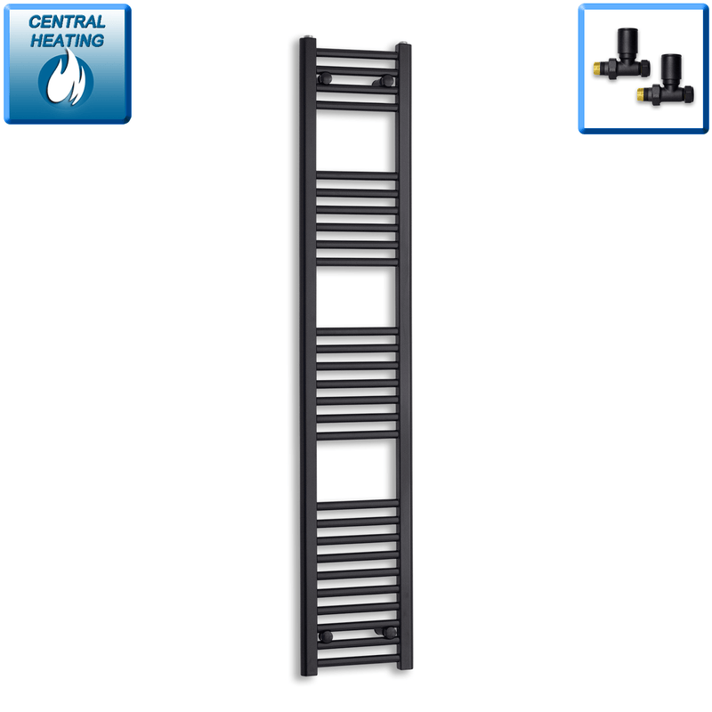 300mm Wide 1800mm High Flat Black Towel Rail Radiator HTR