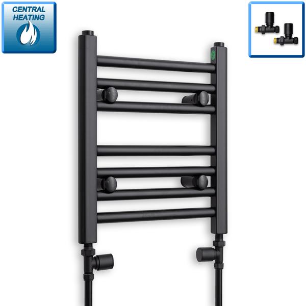 With Straight Valve 300mm Wide 400mm High Flat Black Heated Towel Rail Radiator