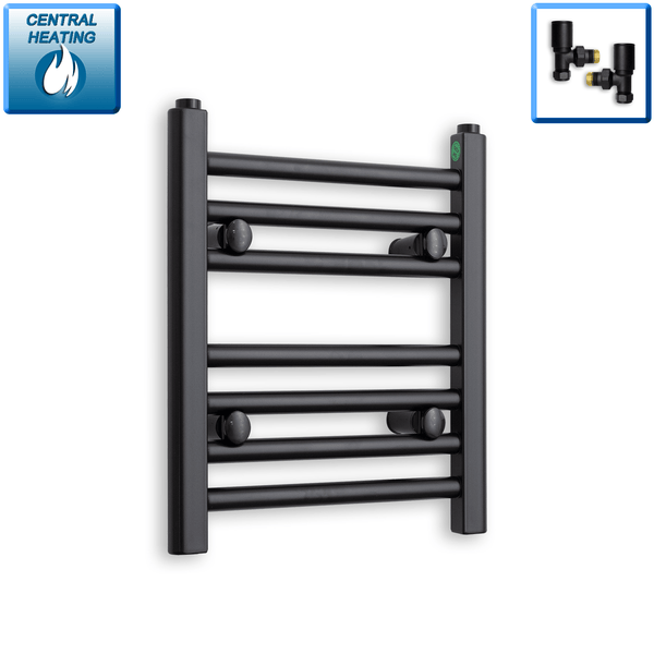 With Angled Valve 300mm Wide 400mm High Flat Black Heated Towel Rail Radiator