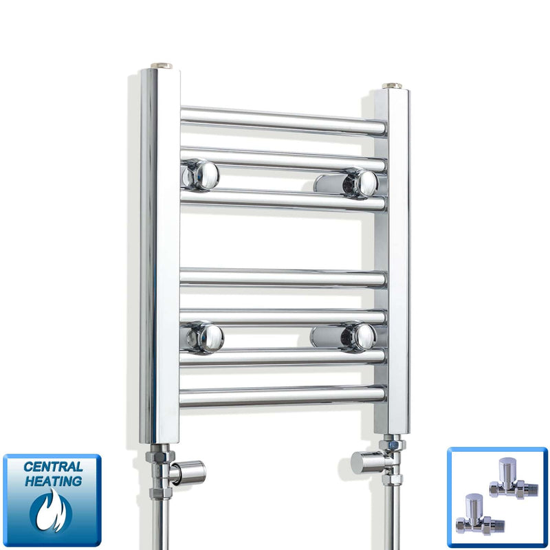 With Straight Valve 300mm Wide 400mm High Flat Chrome Towel Rail Radiator HTR