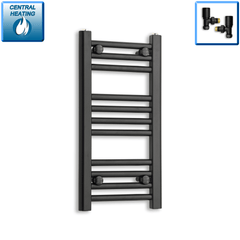 With Angled Valve 300mm Wide 600mm High Flat Black Heated Towel Rail Radiator