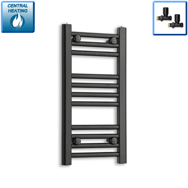 With Straight Valve 300mm Wide 600mm High Flat Black Heated Towel Rail Radiator