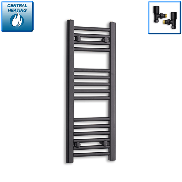 With Angled Valve 300mm Wide 800mm High Flat Black Heated Towel Rail Radiator