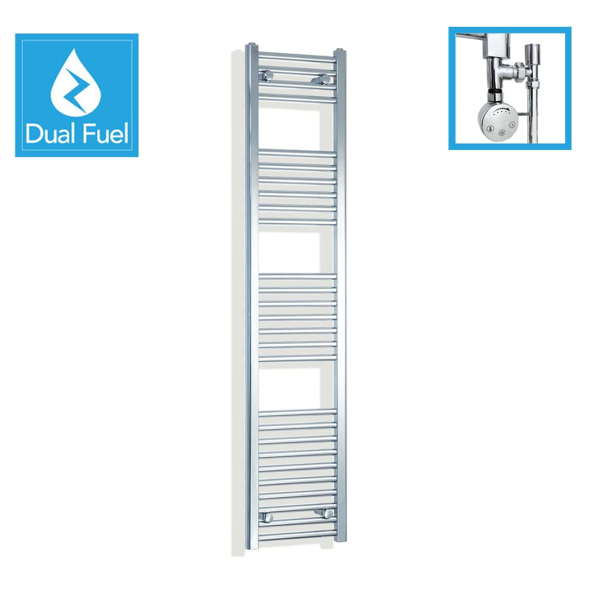 350 x 1600 Chrome Dual Fuel Flat Heated Towel Rail
