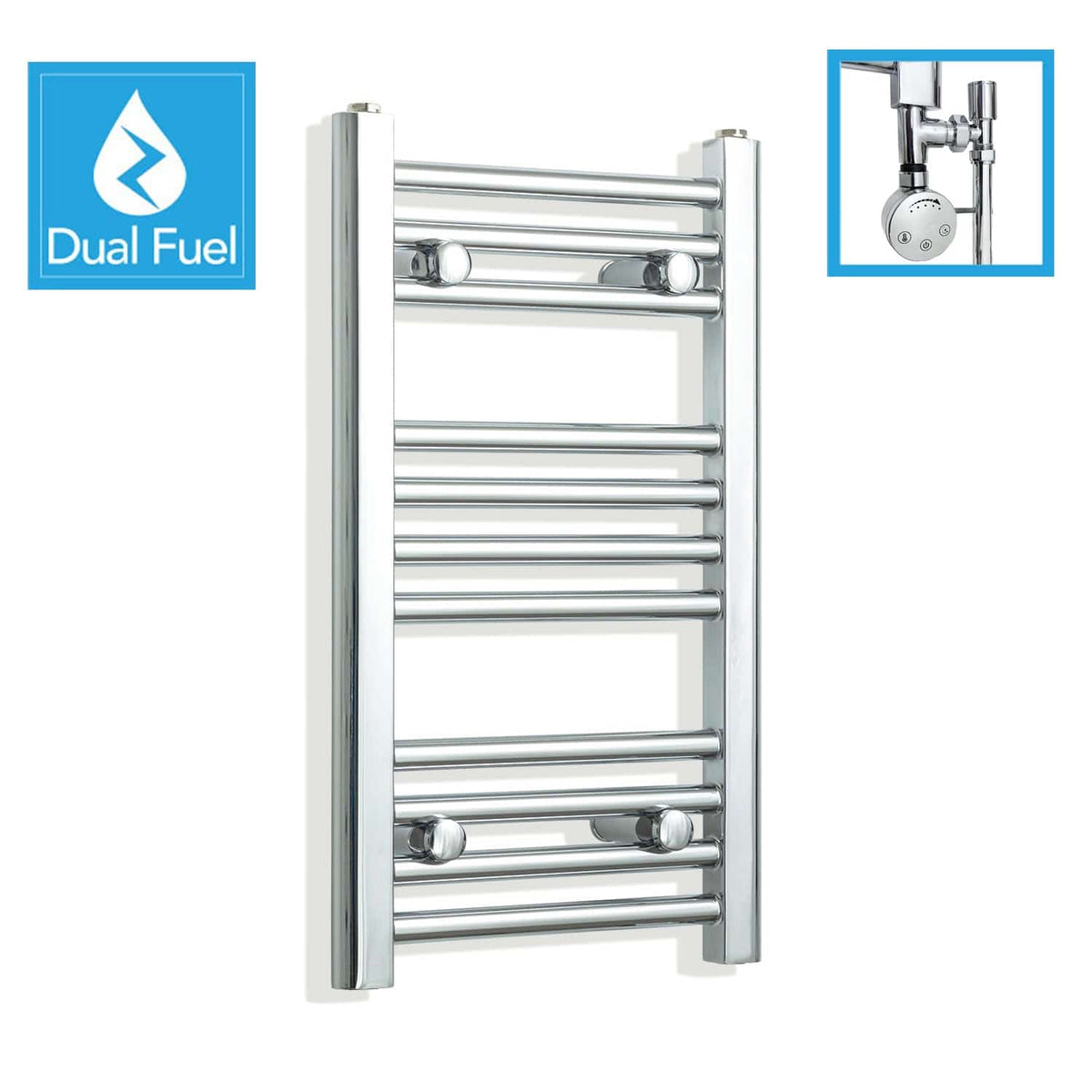 350 x 600 Chrome Dual Fuel Flat Heated Towel Rail