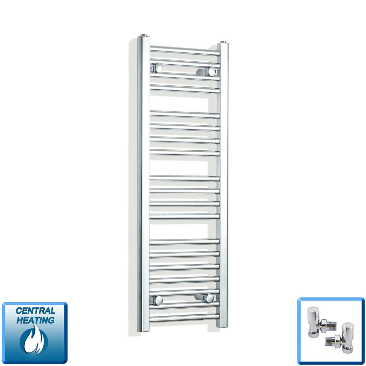 With Angled Valve 350mm Wide 1000mm High Flat Chrome Heated Towel Radiator