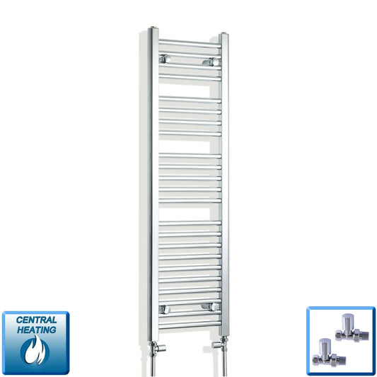 With Straight Valve 350mm Wide 1200mm High Flat Chrome Heated Towel Radiator
