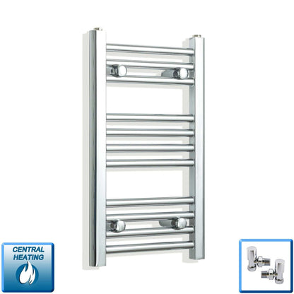 With Angled Valve 350mm Wide 600mm High Flat Chrome Heated Towel Rail Radiator