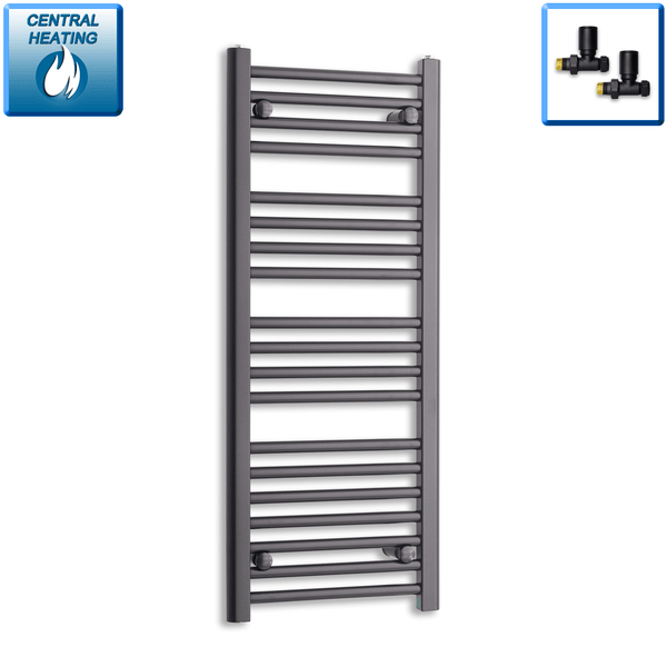 With Straight Valve 400 x 1000mm High Flat Black Heated Towel Rail Radiator HTR