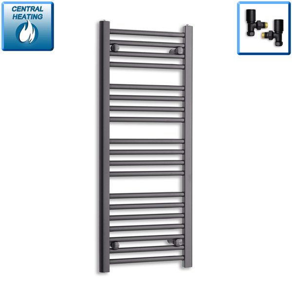 With Angled Valve 400 x 1000mm High Flat Black Heated Towel Rail Radiator HTR