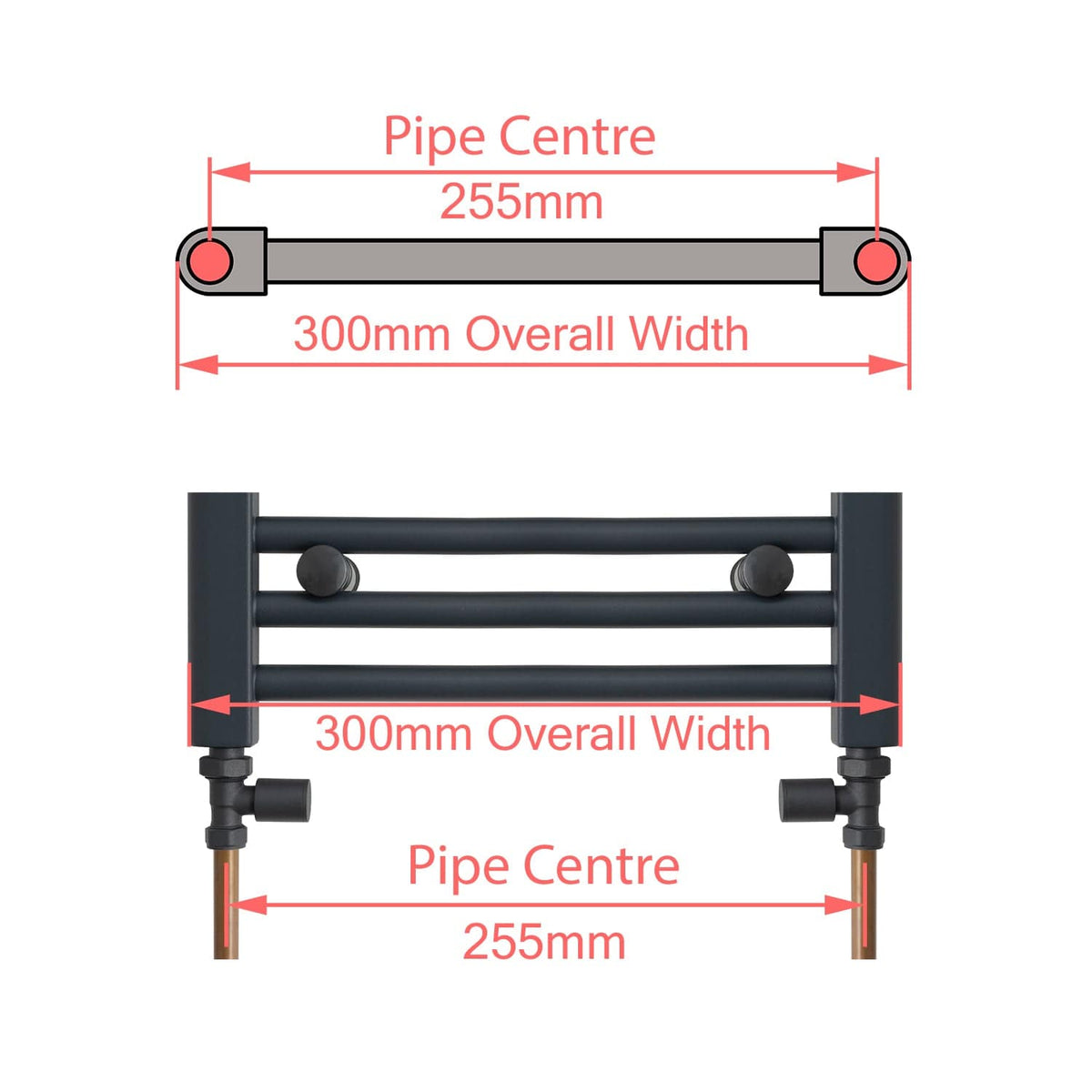 400 x 1200 Dual Fuel Flat Black Heated Towel Rail
