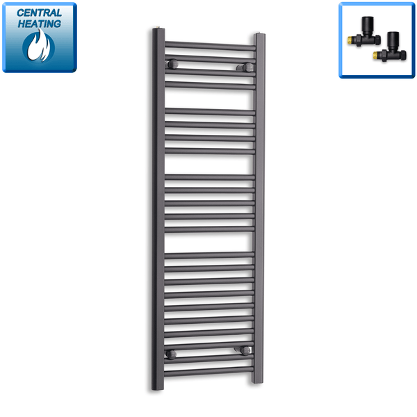 With Straight Valve 400 x 1200mm High Flat Black Heated Towel Rail Radiator