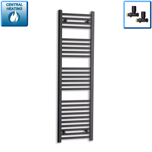 With Straight Valve 400 x 1400 Flat Black Heated Towel Rail Radiator