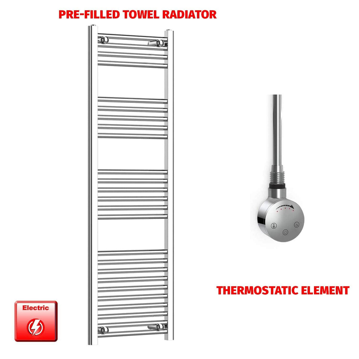 Thermostatic Element 400 x 1400 Flat Chrome Electric Towel Rail Pre-Filled HTR