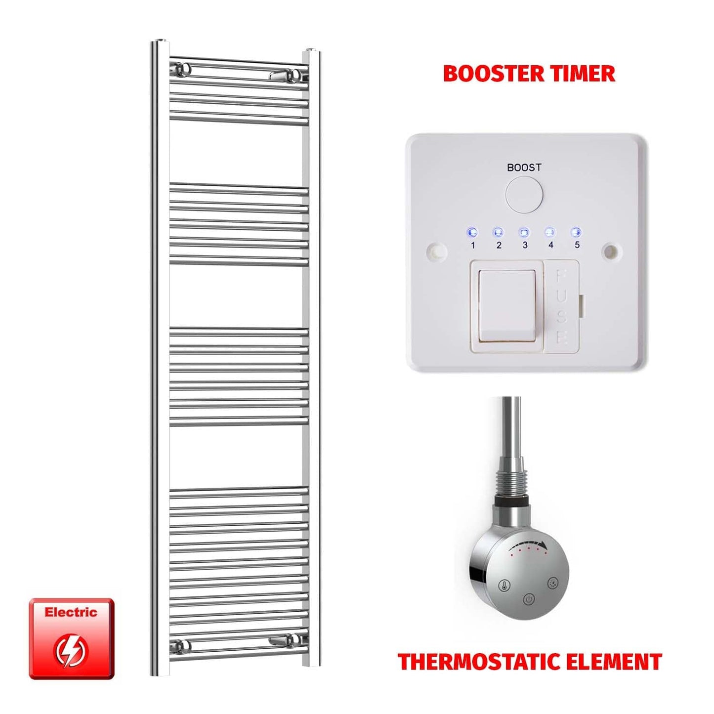 Thermostatic Element + Booster Timer 400 x 1400 Flat Chrome Electric Towel Rail Pre-Filled HTR