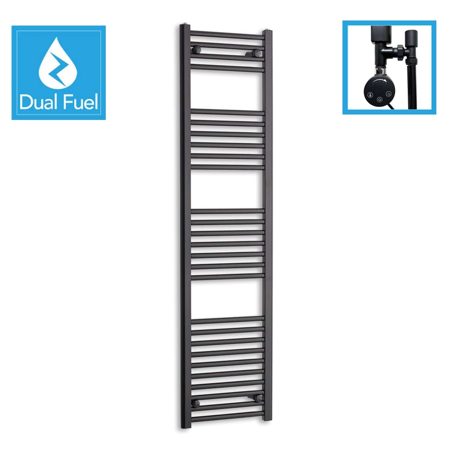 400 x 1600 Dual Fuel Flat Black Heated Towel Rail