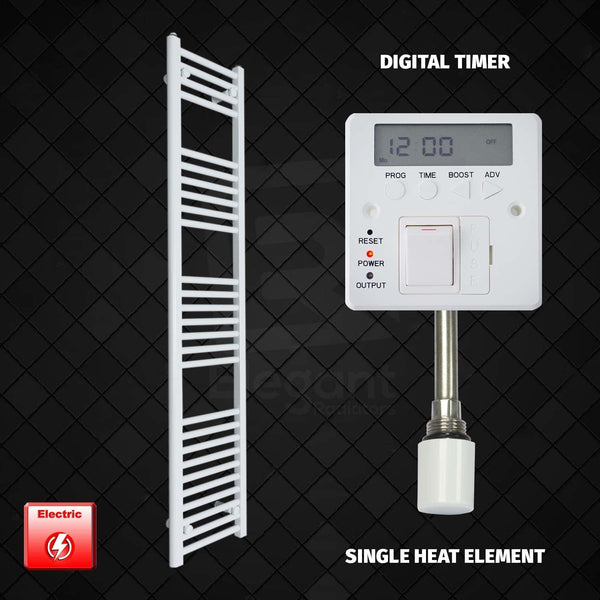 Single Heat Element + Digital Timer 400 x 1600mm High Flat White Pre-Filled Electric Towel Rail