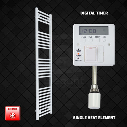 Single Heat Element + Digital Timer 400 x 1600mm High Flat White Pre-Filled Electric Towel Rail
