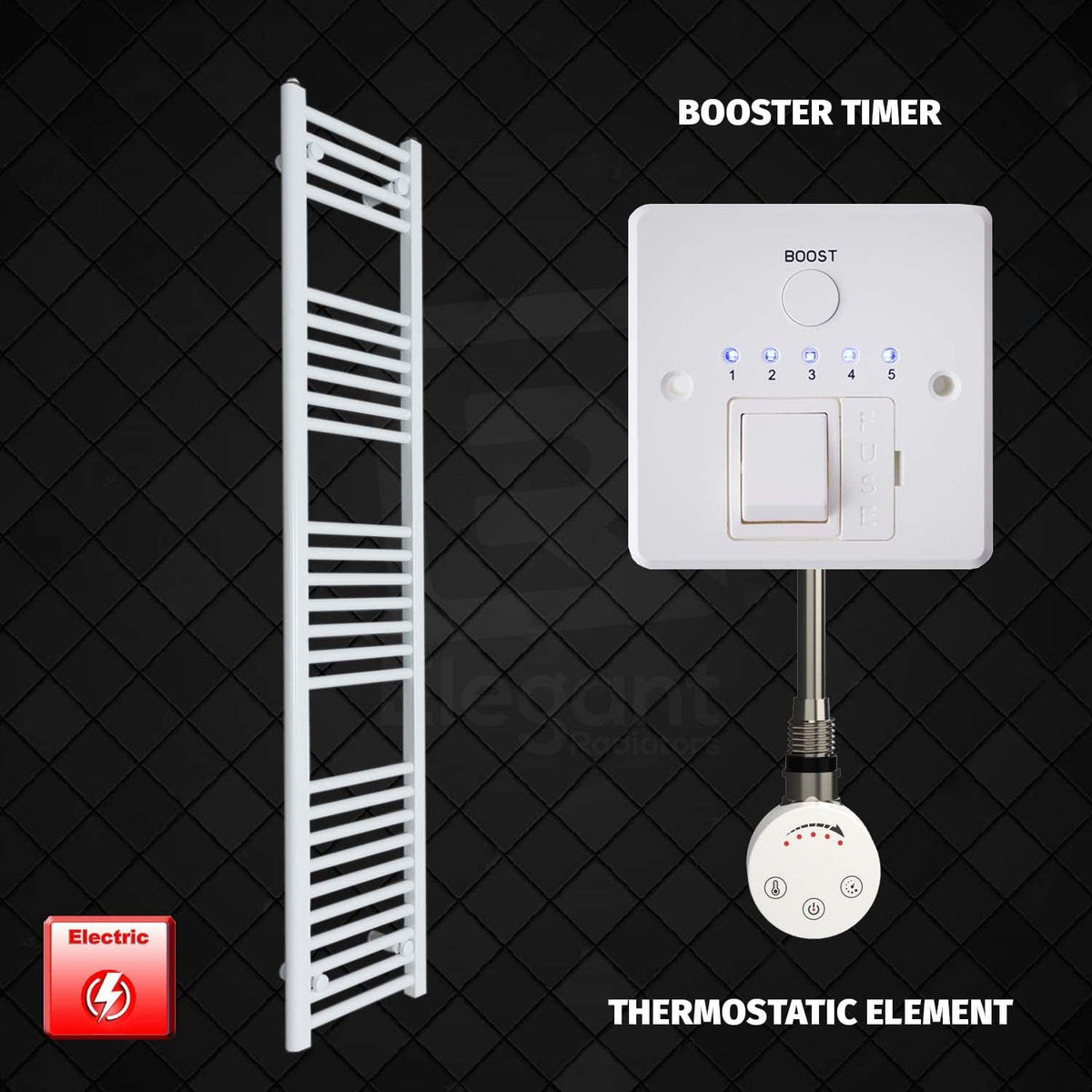 Thermostatic Element + Booster Timer 400 x 1600mm High Flat White Pre-Filled Electric Towel Rail