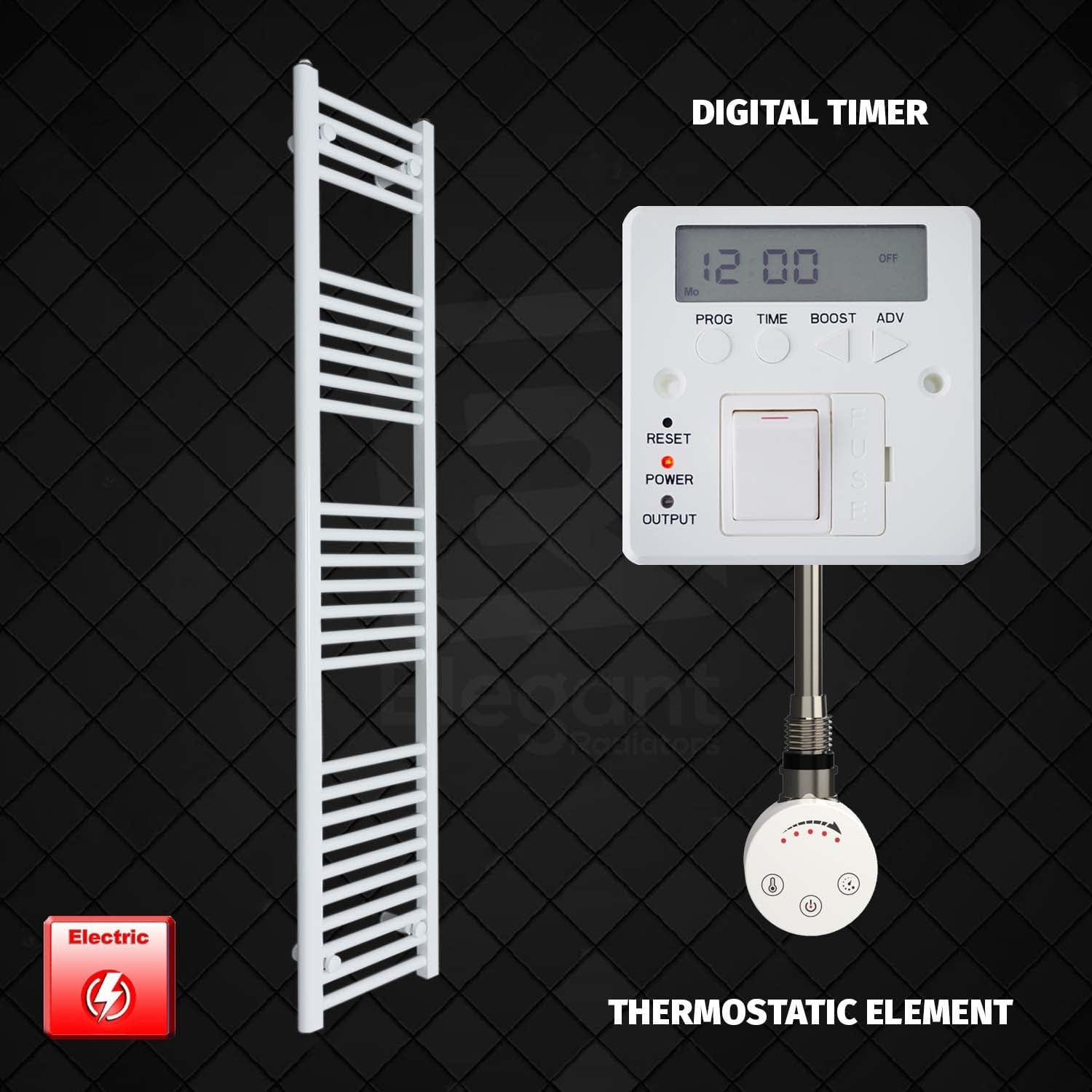 Thermostatic Element + Digital Timer 400 x 1600mm High Flat White Pre-Filled Electric Towel Rail