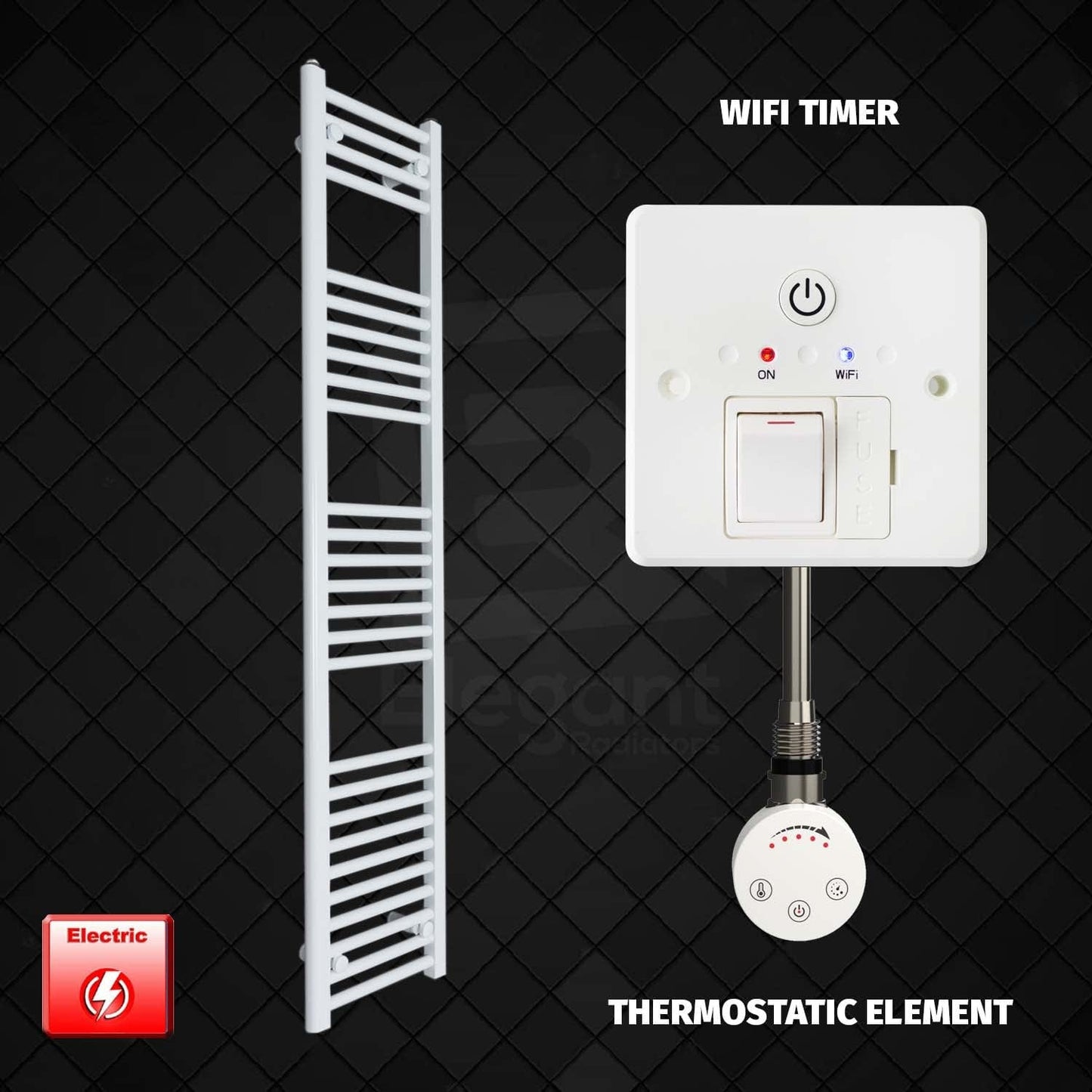 Thermostatic Element + Wifi Timer 400 x 1600mm High Flat White Pre-Filled Electric Towel Rail
