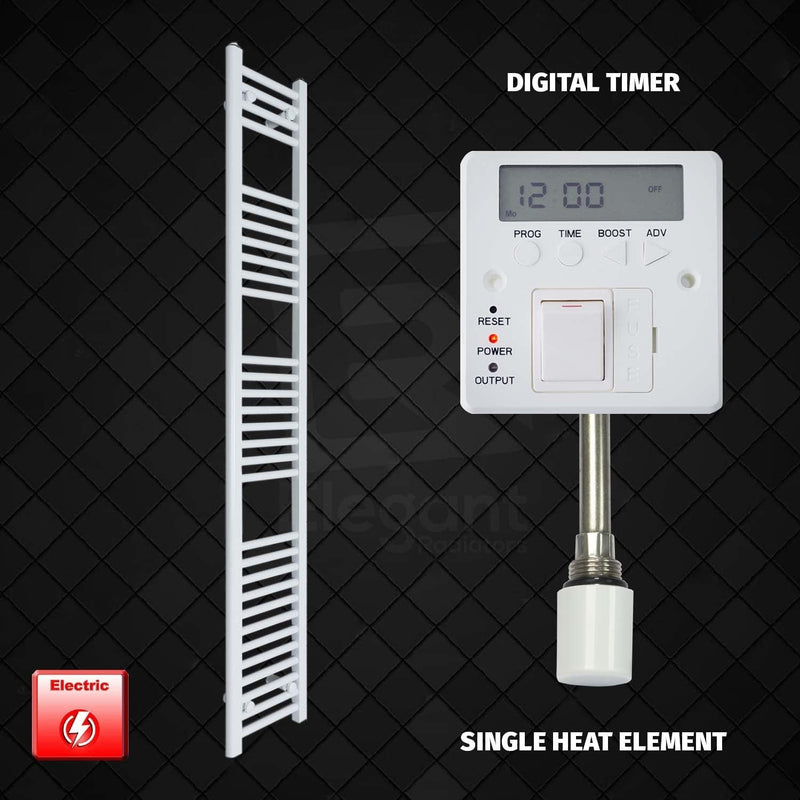 Single Heat Element + Digital Timer 400 x 1800 Flat White Pre-Filled Electric Heated Towel Rail