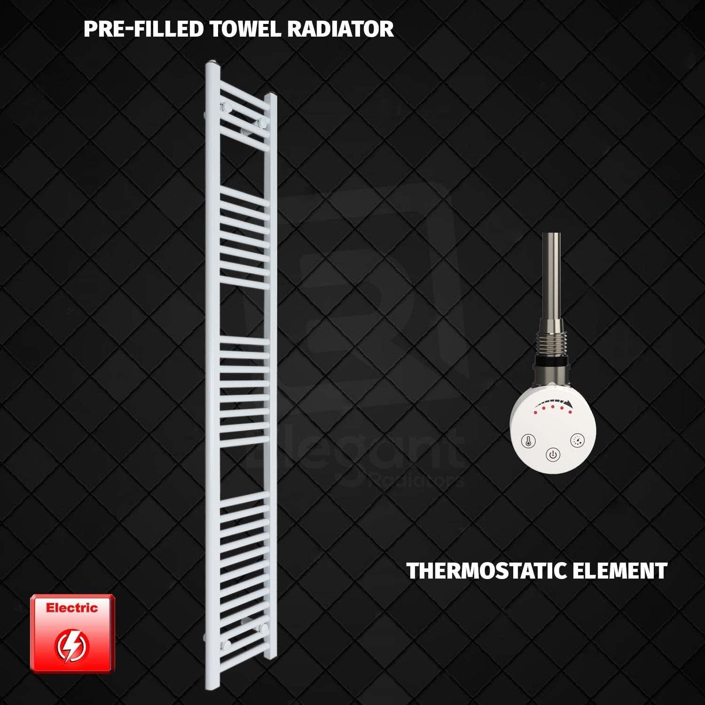 Thermostatic Element 400 x 1800 Flat White Pre-Filled Electric Heated Towel Rail