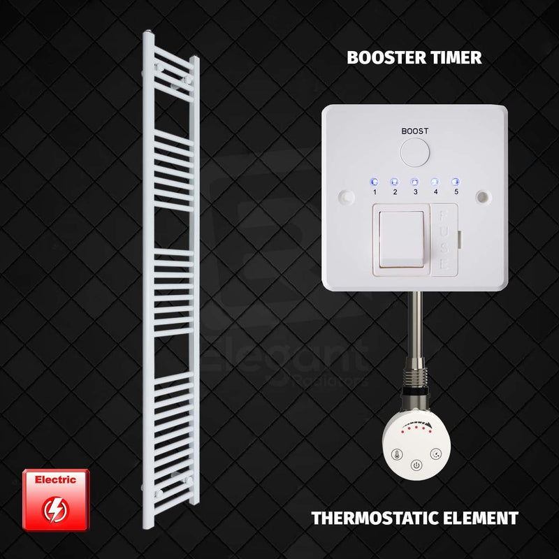 Thermostatic Element + Booster Timer 400 x 1800 Flat White Pre-Filled Electric Heated Towel Rail