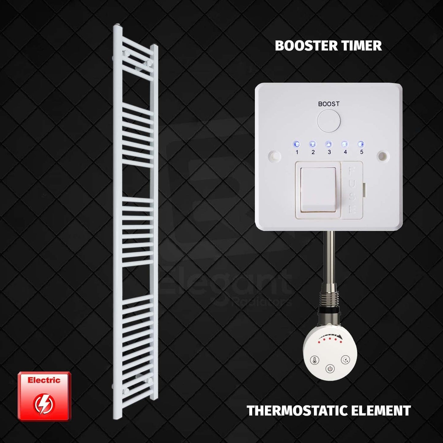 Thermostatic Element + Booster Timer 400 x 1800 Flat White Pre-Filled Electric Heated Towel Rail