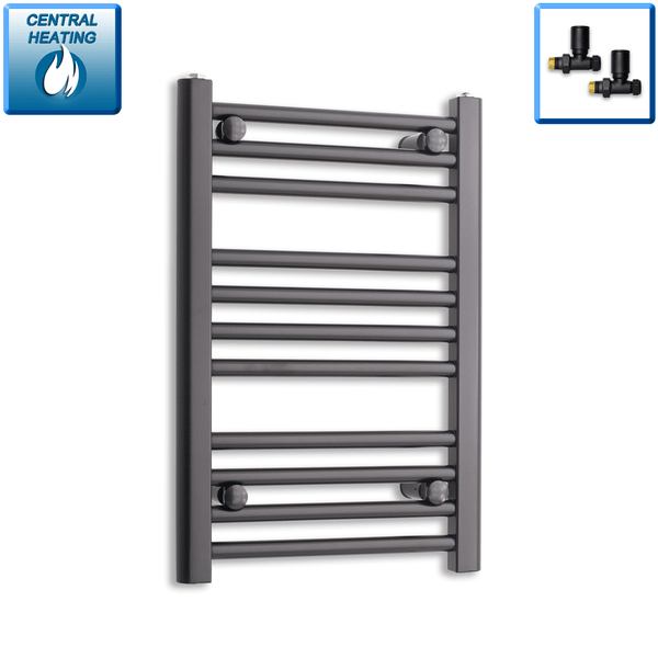 With Straight Valve 400 x 600mm High Flat Black Heated Towel Rail Radiator HTR
