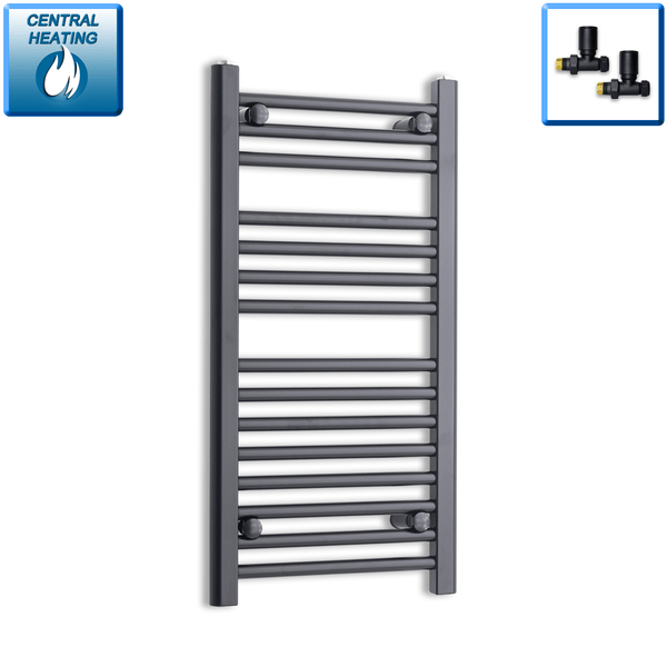 With Straight Valve 400 x 800mm High Flat Black Heated Towel Rail Radiator HTR