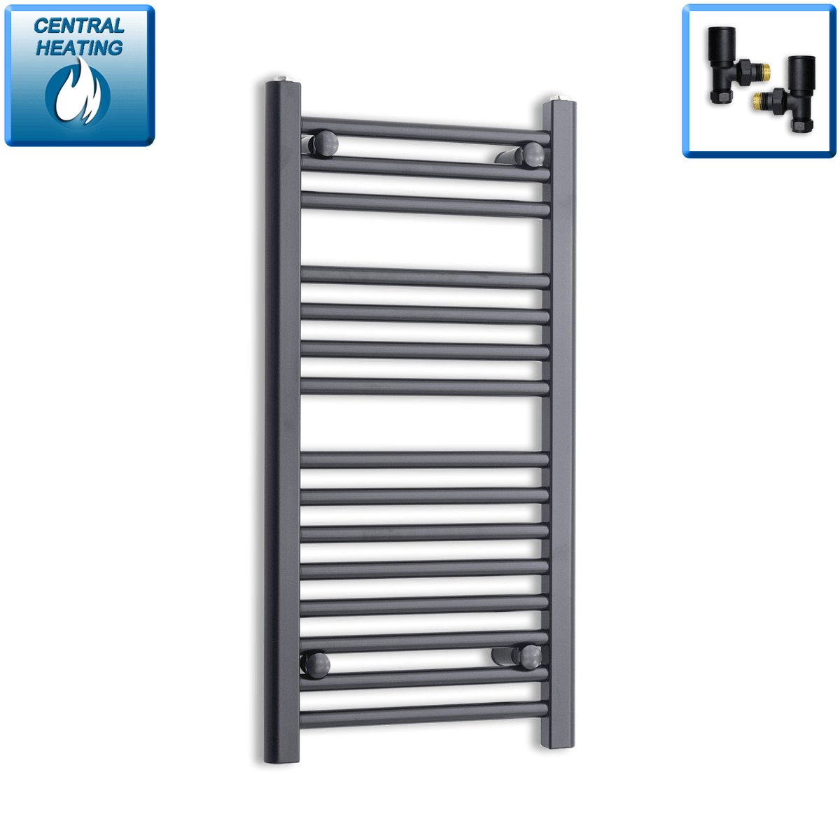 With Angled Valve 400 x 800mm High Flat Black Heated Towel Rail Radiator HTR