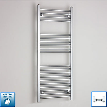 With Angled Valve 400mm Wide 1200mm High Curved Chrome Heated Towel Rail
