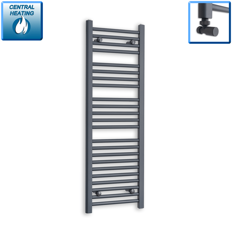 With Angled Valve 400mm Wide 1200mm High Flat Anthracite Heated Towel Rail