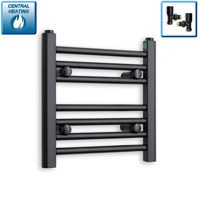 With Angled Valve 400mm Wide 400mm High Flat Black Heated Towel Rail Radiator